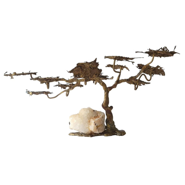 Mid-Century Brass & Quartz Crystal Bonsai Cypress Tree
