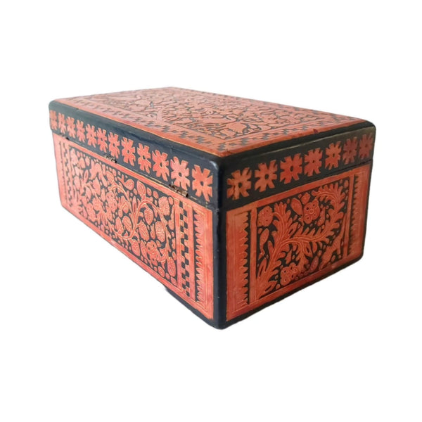 Graphic Wood Mexican Laquerware Box With Animals & Flowers