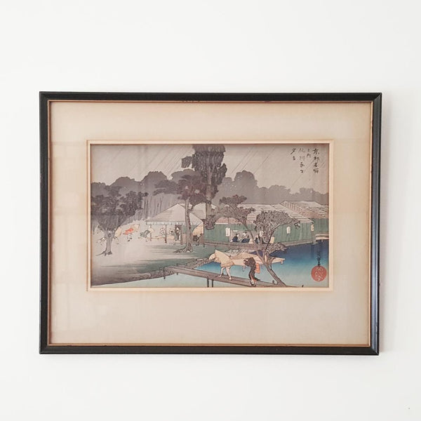 Utagawa Hiroshige Antique Japanese Woodblock Print  "Evening Rain on the Banks of the Tadasu River."
