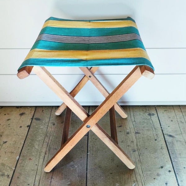 Vintage Folding Wood & Canvas Cottage Camp Stool