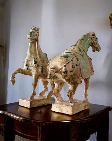 A Pair Of Caparisoned Tang Dynasty Ceramic Horses In Sancai Glaze