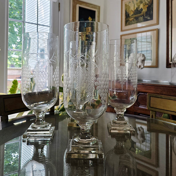 Four Antique Etched Tall Footed Hurricane Lamps Fern & Grapes