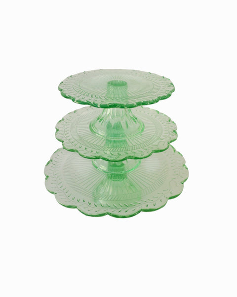 Pressed Green Glass Trio Of Cake Stands