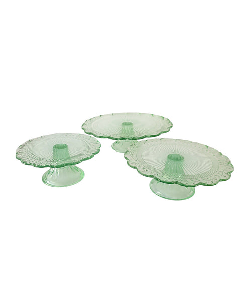 Pressed Green Glass Trio Of Cake Stands