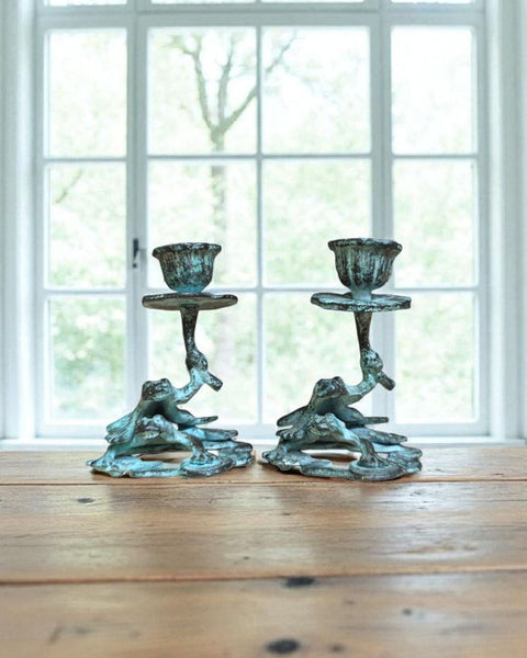 Cast Bronze Frog Candlestick Pair