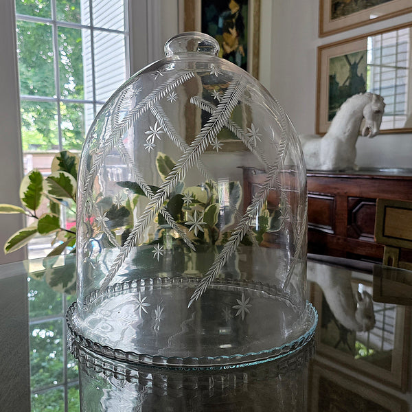 Vintage Hand Blown Glass Cloches Pair With Ferns & Stars
