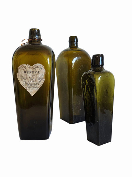 Trio Of Antique Dutch Green Gin Bottles Original Label