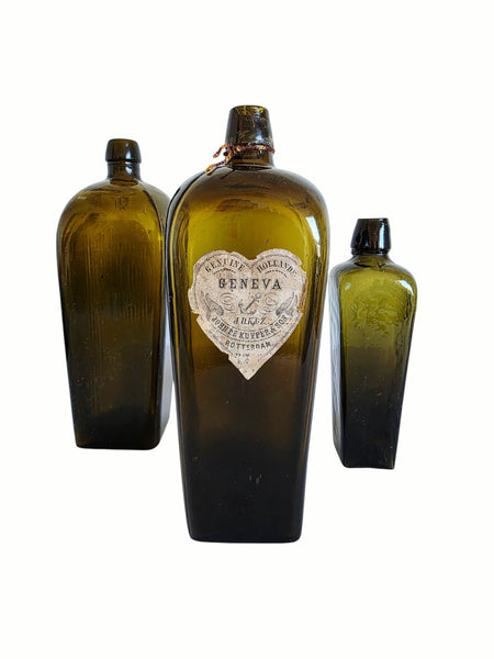 Trio Of Antique Dutch Green Gin Bottles Original Label