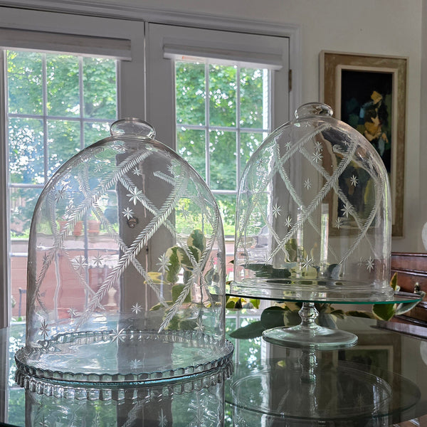 Vintage Hand Blown Glass Cloches Pair With Ferns & Stars