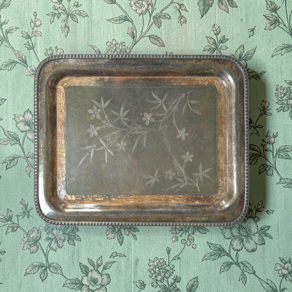 Rectangular Silver Tray With Etched Flowers