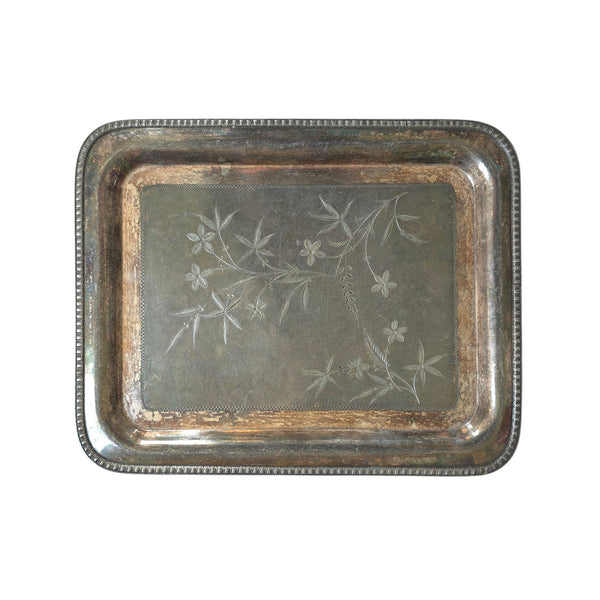 Rectangular Silver Tray With Etched Flowers