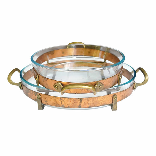 Nils Johan Mid-Century Copper & Brass Serving Stands With Pyrex Glass Dish Inserts