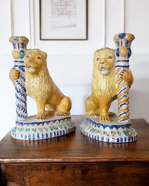 Pair of 19th Century Faience Lion Form Candlesticks