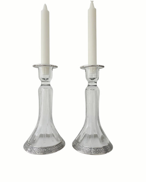 Etched Glass With Silver Overlay Candlestick Pair