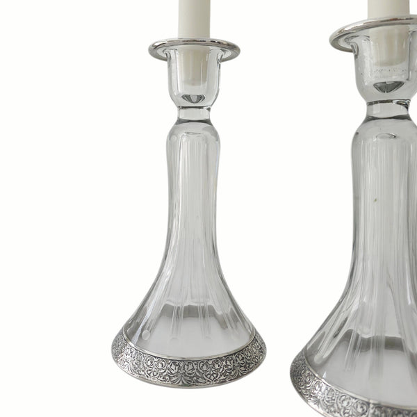 Etched Glass With Silver Overlay Candlestick Pair