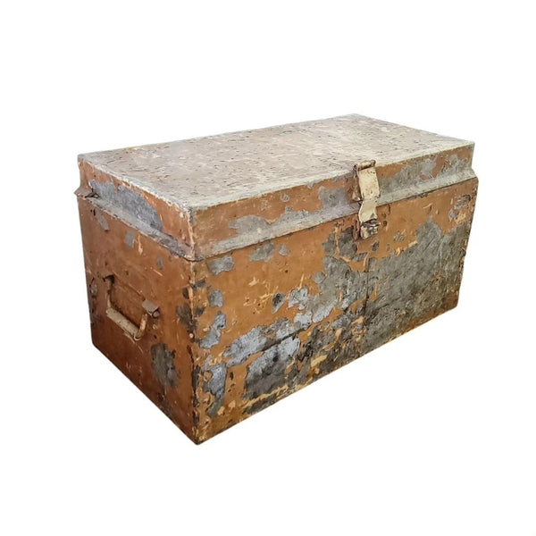 Industrial Primitive Antique Metal Trunk In Mustard Paint