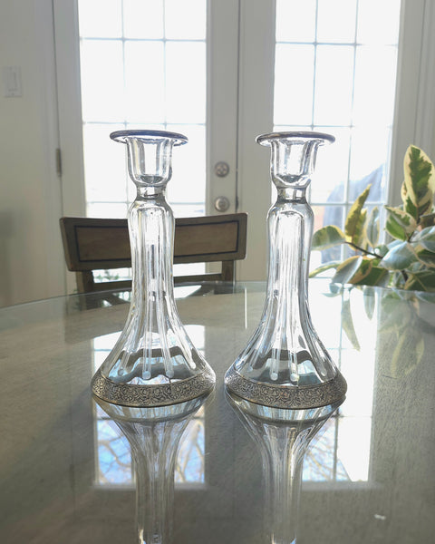 Etched Glass With Silver Overlay Candlestick Pair