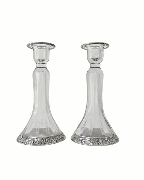 Etched Glass With Silver Overlay Candlestick Pair