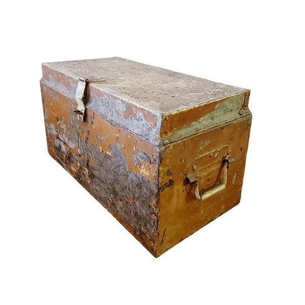 Industrial Primitive Antique Metal Trunk In Mustard Paint