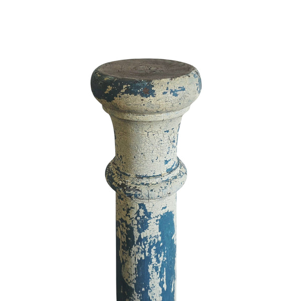 Antique Wood Pedestal Column In Blue & White Paint