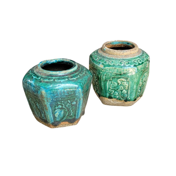 Antique Shihan Green Pottery Ginger Jars