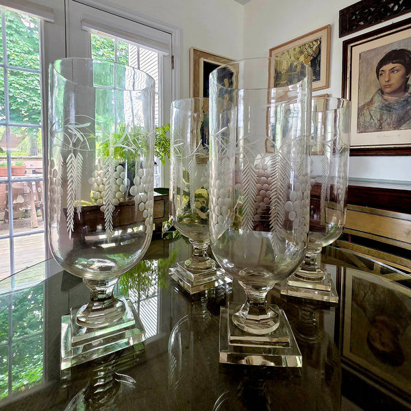Four Antique Etched Tall Footed Hurricane Lamps Fern & Grapes