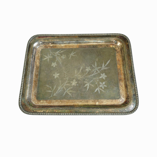 Rectangular Silver Tray With Etched Flowers