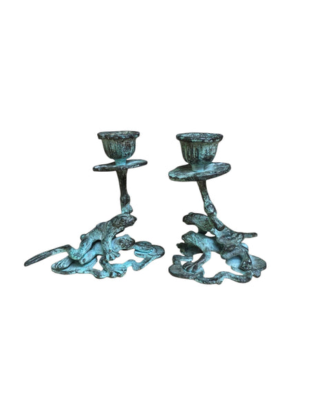 Cast Bronze Frog Candlestick Pair