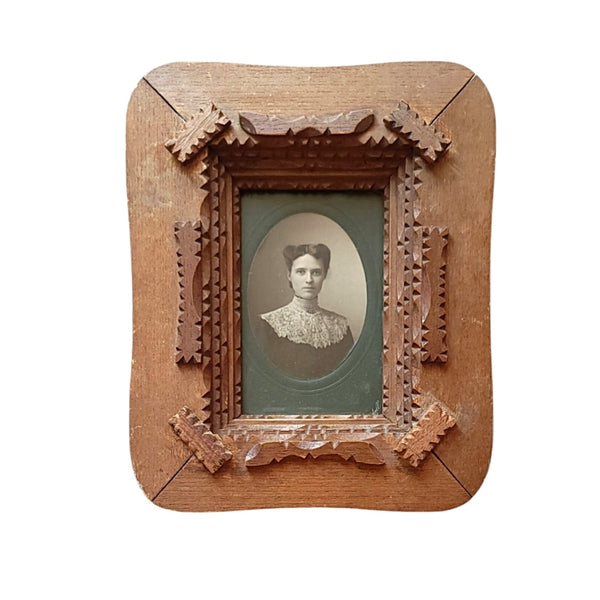 Antique Elegant Woman Cabinet Card Tramp Art Frame