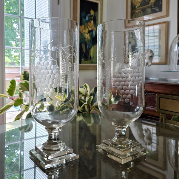 Four Antique Etched Tall Footed Hurricane Lamps Fern & Grapes
