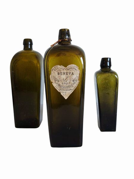 Trio Of Antique Dutch Green Gin Bottles Original Label