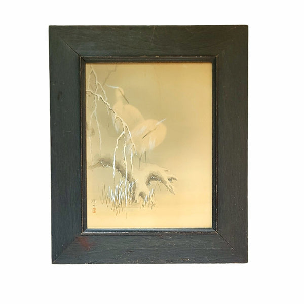 Antique Japanese Watercolour Cranes In Snow