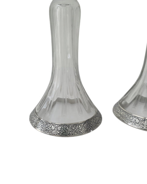Etched Glass With Silver Overlay Candlestick Pair