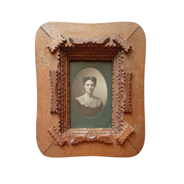 Antique Elegant Woman Cabinet Card Tramp Art Frame