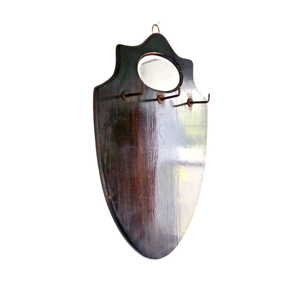 Antique Wood Shield Mirror With Hooks