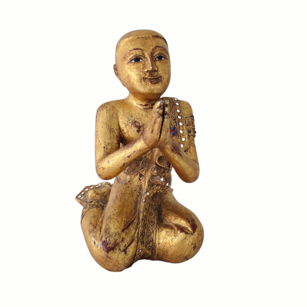 Antique Carved Giltwood Burmese Mandalay Figure Of Buddha's Disciple Moggallana