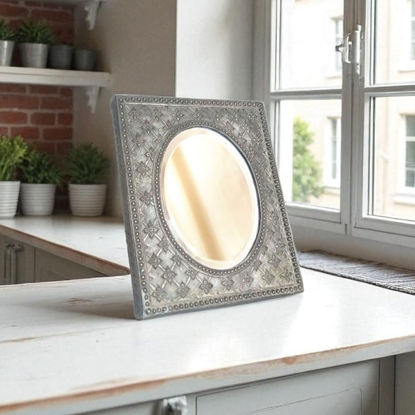 Antique Pressed Silver Small Table Top Hanging Mirror