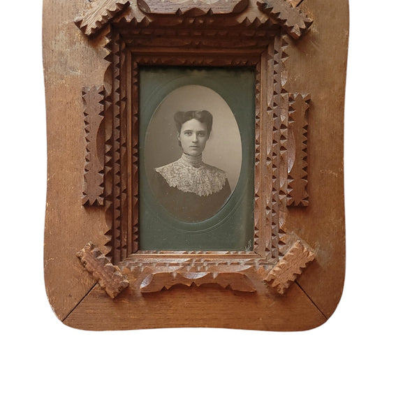 Antique Elegant Woman Cabinet Card Tramp Art Frame