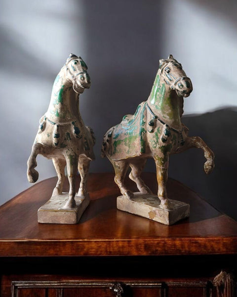 A Pair Of Caparisoned Tang Dynasty Ceramic Horses In Sancai Glaze