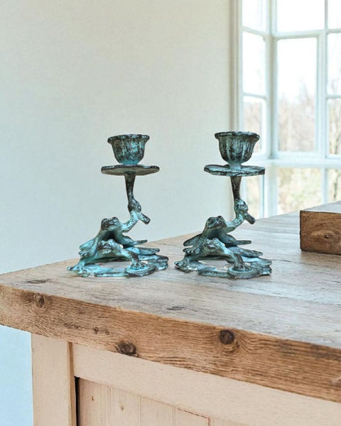 Cast Bronze Frog Candlestick Pair