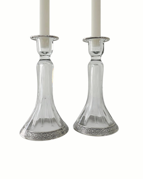 Etched Glass With Silver Overlay Candlestick Pair