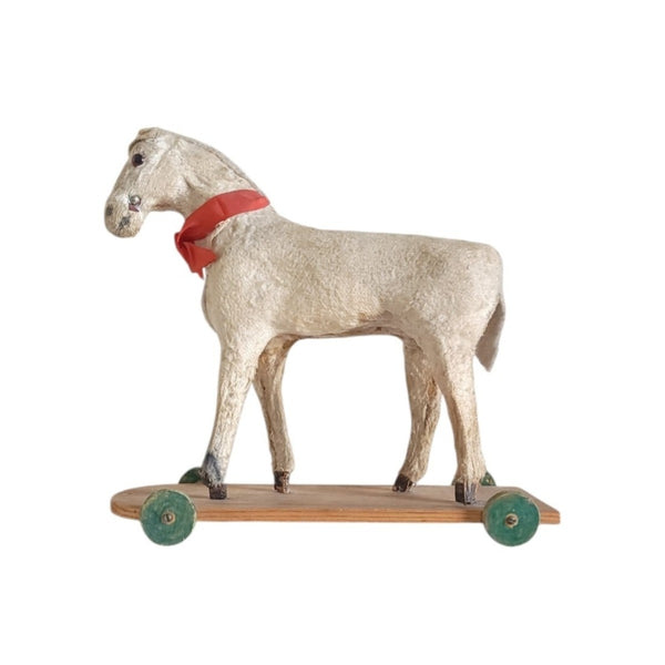 Antique Toy Horse On Wood Base With Wheels