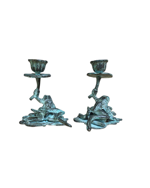 Cast Bronze Frog Candlestick Pair