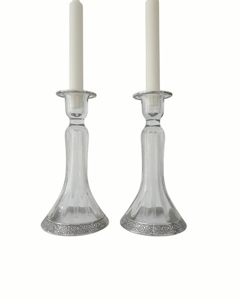 Etched Glass With Silver Overlay Candlestick Pair