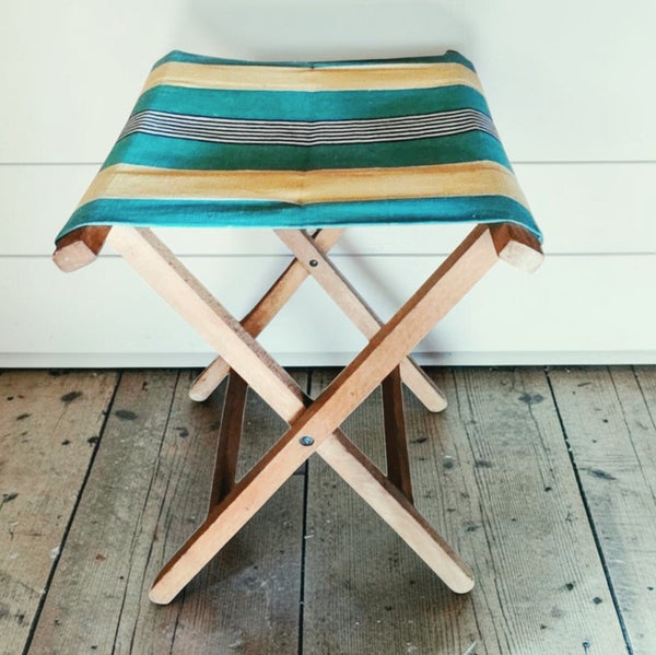Vintage Folding Wood & Canvas Cottage Camp Stool