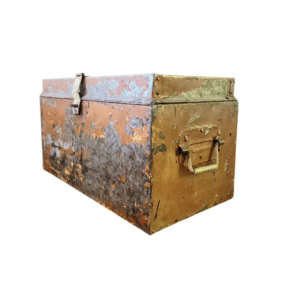 Industrial Primitive Antique Metal Trunk In Mustard Paint