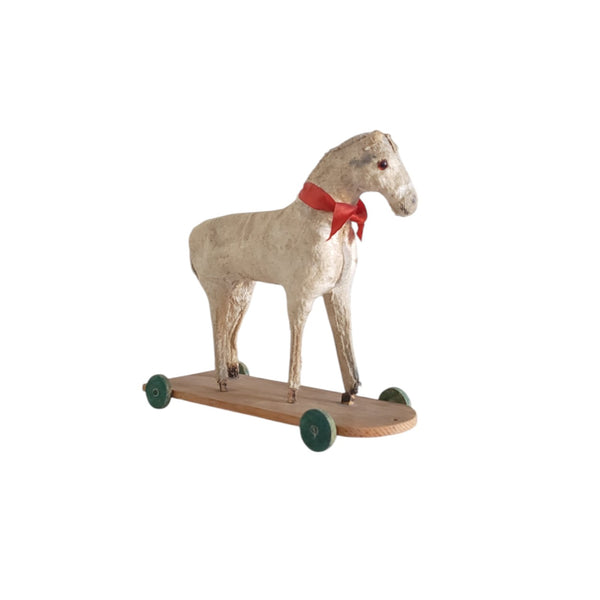 Antique Toy Horse On Wood Base With Wheels