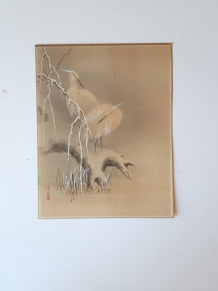 Antique Japanese Watercolour Cranes In Snow