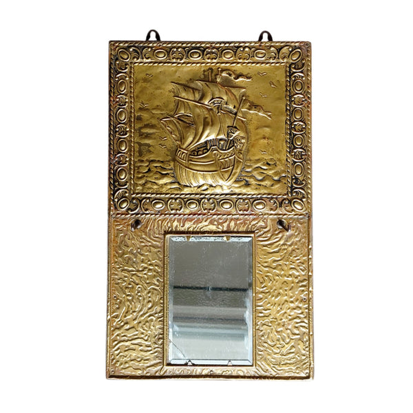 Antique Brass Repousse Mirror With Ship