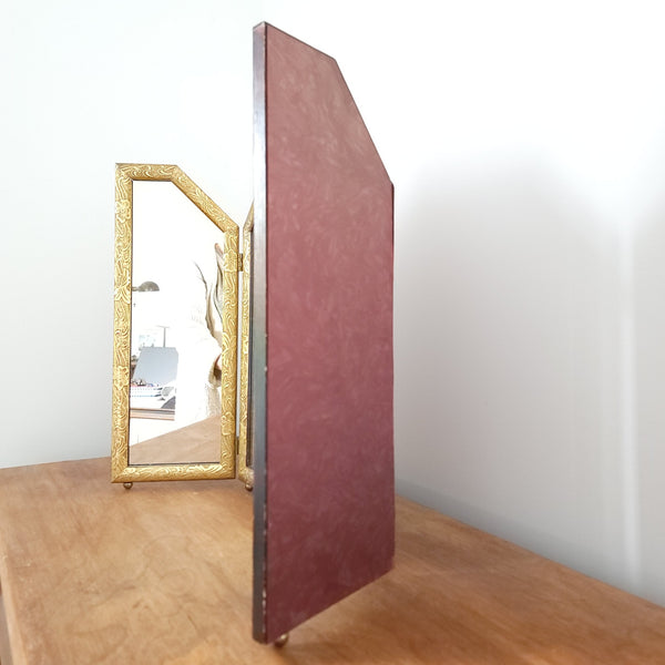 Antique Trifold Wood Tabletop Dresser Mirror